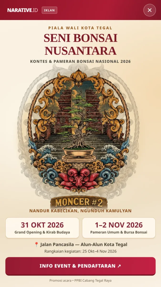 Poster promosi Tegal Moncer #2, Kontes dan Pameran Bonsai Nasional 2026 di Jalan Pancasila–Alun-Alun Kota Tegal. Materi promosi, bukan foto dokumentasi acara.